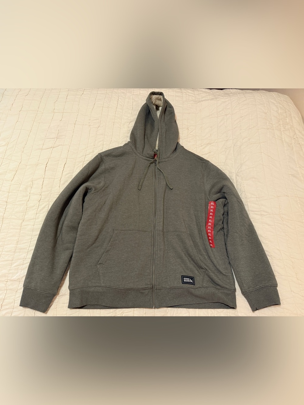 NWT Men Eddie Bauer Gray Full-Zip Hooded Sweater Completely Sherpa Lined Size XL